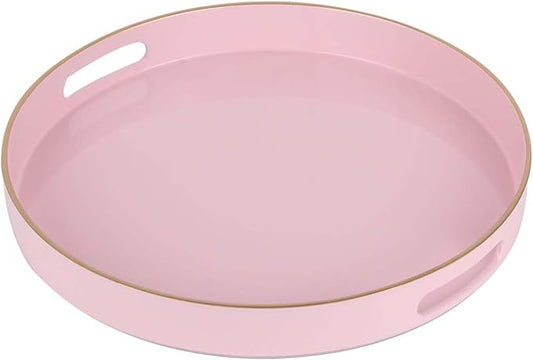 Pink Decorative Tray,Elegant Round Plastic Serving Tray with Handles,Round Ottoman Trays Coffee Table Trays for Living Room,Home Decor 13"