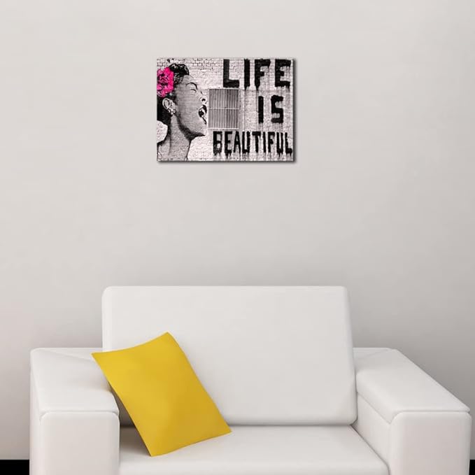 Wieco Art Banksy Life is Beautiful Modern Gallery Wrapped Giclee Canvas Prints Artwork Grey Love Abstract Pictures Paintings on Canvas Wall Art Ready to Hang for Bedroom Home Office Decorations