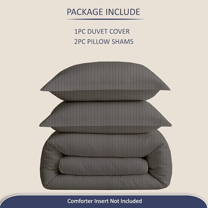 eBeddy Linens Luxury Dark Grey Striped Duvet Cover Set Super Queen 98x98 Size 800 TC Certified Egyptian Cotton Luxury Soft & Breathable Comforter Cover with Zipper Closure & Corner Ties