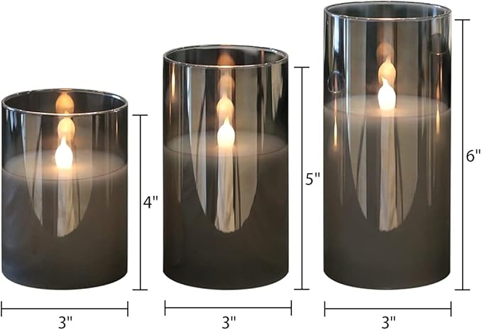 GenSwin Gray Glass Battery Operated Flameless Led Candles with 10-Key Remote and Timer, Real Wax Candles Warm White Flickering Light for Home Decoration(Set of 3)