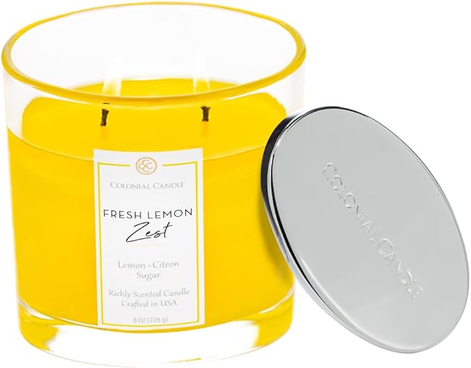 Colonial Candle Fresh Lemon Zest Scented Candle Jar, Highly Fragranced Candles for Home Scented, Mottled Wax Candle, 2 Wick, 8 oz - Made in The USA