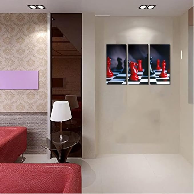 3 Piece Canvas Wall Art - Red and Black Chess Pieces Shot On Black and White Chess Board - Modern Home Decor Stretched and Framed Ready to Hang (28''H x 42''W)