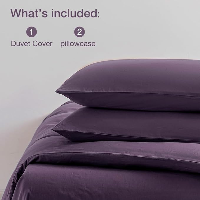 JELLYMONI Purple Duvet Cover King Size - 100% Washed Cotton Linen Like Textured Comforter Cover, 3 Pieces Lightweight Soft Bedding Set with Zipper Closure (Purple, King 104"x90")