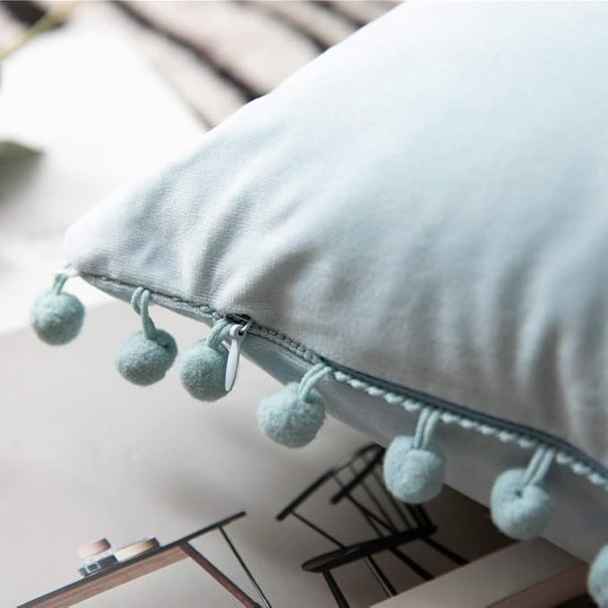 DEZENE Throw Pillow Cases 12x20 Light-Blue: 2 Pack Cozy Soft Pom-poms Velvet Rectangular Decorative Pillow Covers for Farmhouse Home Decor