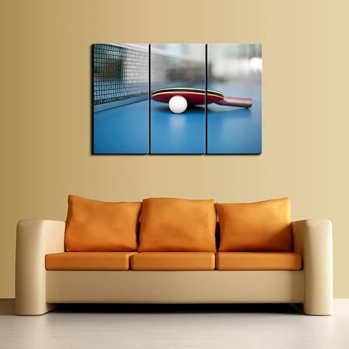 3 Piece Canvas Wall Art - Table Tennis Ball and Bat - Modern Home Decor Stretched and Framed Ready to Hang (24''H x 36''W)