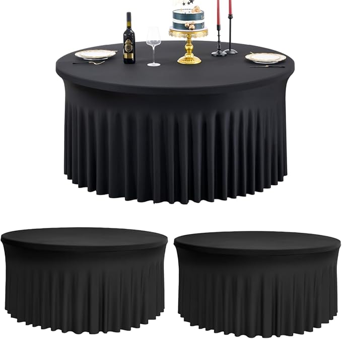 Outpain 2 Pack Spandex Black Round Tablecloths for 60 Inch/5FT Tables - Stretchy Table Cloth with Skirt, Wrinkle-Free Fitted Cloth for Wedding Vendor, Banquet & Graduation Decor (120" Round)