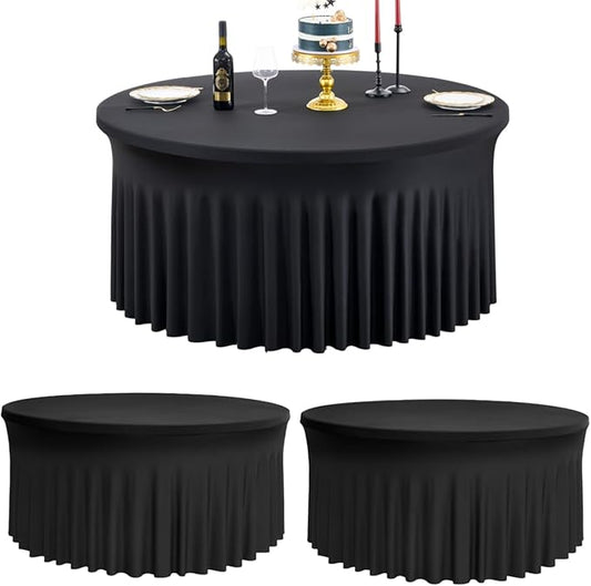 Outpain 2 Pack Spandex Black Round Tablecloths for 60 Inch/5FT Tables - Stretchy Table Cloth with Skirt, Wrinkle-Free Fitted Cloth for Wedding Vendor, Banquet & Graduation Decor (120" Round)