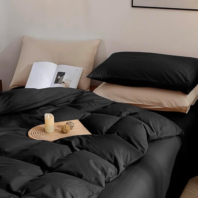 JELLYMONI Black Duvet Cover Queen Size - 100% Washed Cotton Linen Like Textured Comforter Cover, 3 Pieces Breathable Soft Bedding Set with Zipper Closure (Black, Queen 90"x90")