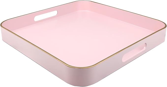 Pink Square Decorative Tray with Handles, 13"*13" Versatile Serving Tray for Coffee Table, Ottoman, Ideal for Serving, Displaying, Organizing