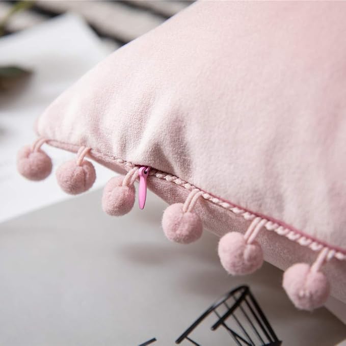 DEZENE 12x20 Throw Pillow Covers Pink: 2 Pack Cozy Soft Pom-poms Velvet Rectangular Decorative Pillow Cases for Farmhouse Home Decor