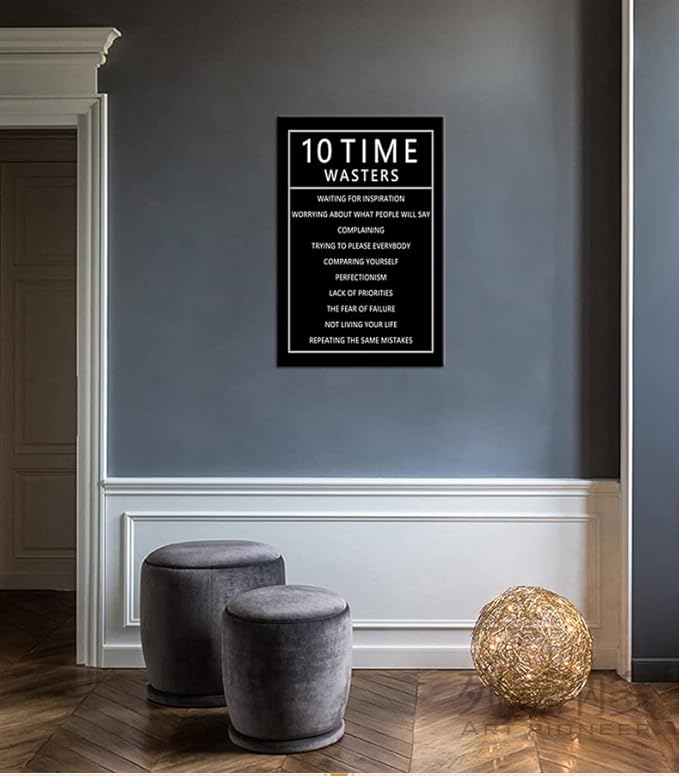 Inspirational 10 Time Wasters Wall Art for Office Motivational Positive Quote Canvas Poster Wall Decor Paintings Wooden Framed Artwork Living Room Bedroom Home Decoration Ready to Hang [24''W x 36''H]