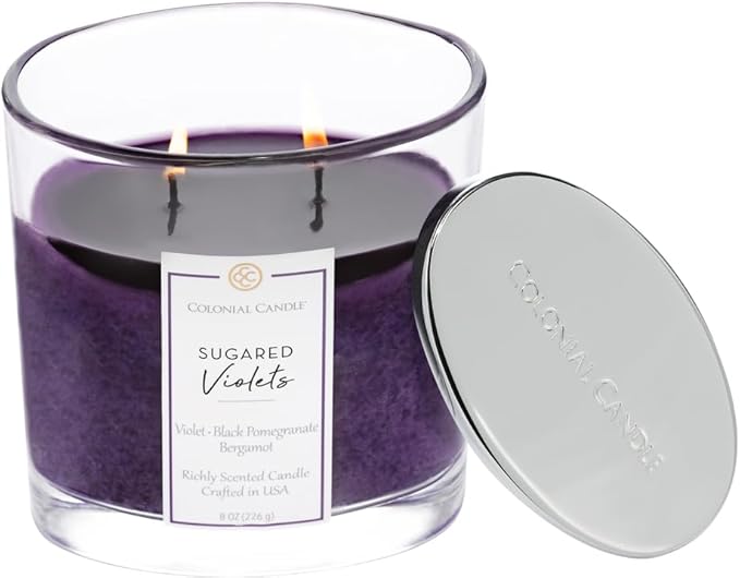 Colonial Candle Sugared Violets Scented Candle Jar, Highly Fragranced Candles for Home Scented, Mottled Wax Candle, 2 Wick, 8 oz - Made in The USA