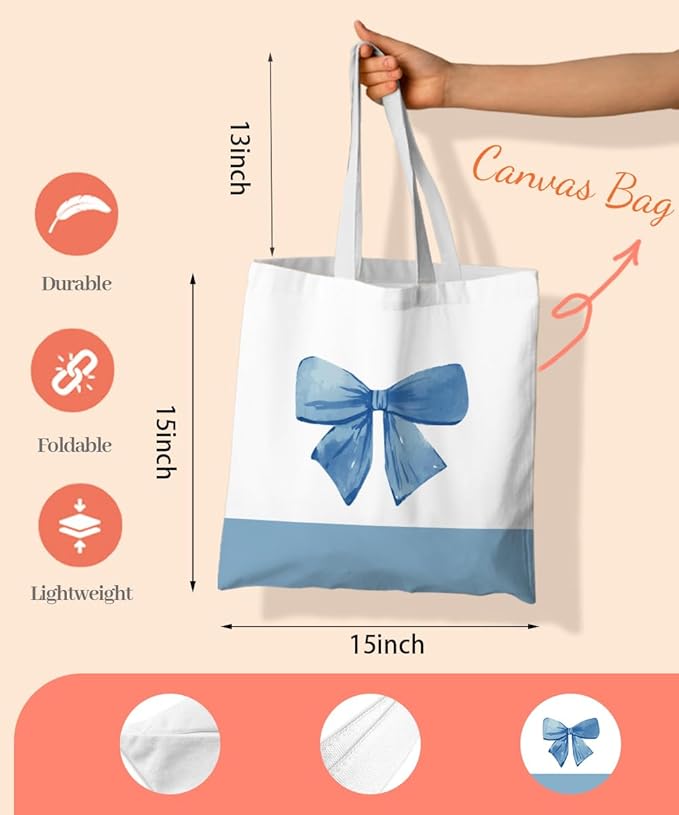 Coquette Pink Bow Preppy Canvas Tote Bag for Women Teens Teen Girls, Pink Bow Girls Tote Bag, Coquette Gifts