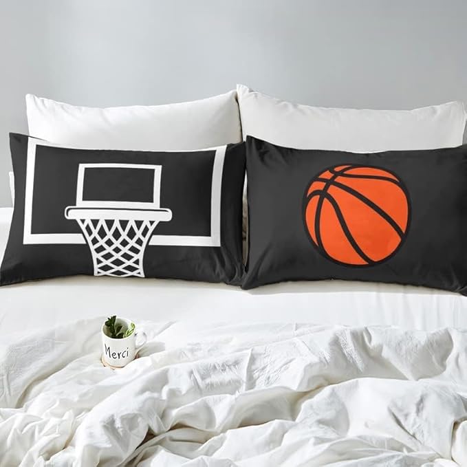 Basketball Court Print Duvet Cover Set Queen Size, Ball Sports Games Theme Bedding Set with 2 Pillowcases, Orange Basketball and Hoop Polyetser Quilt Cover (No Comforter), Kids Boys Bedroom Decor