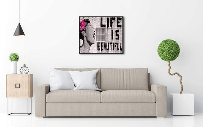 Wieco Art Framed Art Canvas Prints of Banksy Life is Beautiful Abstract Artwork for Wall Decor Black Frame BANKSY-2-5060-BF