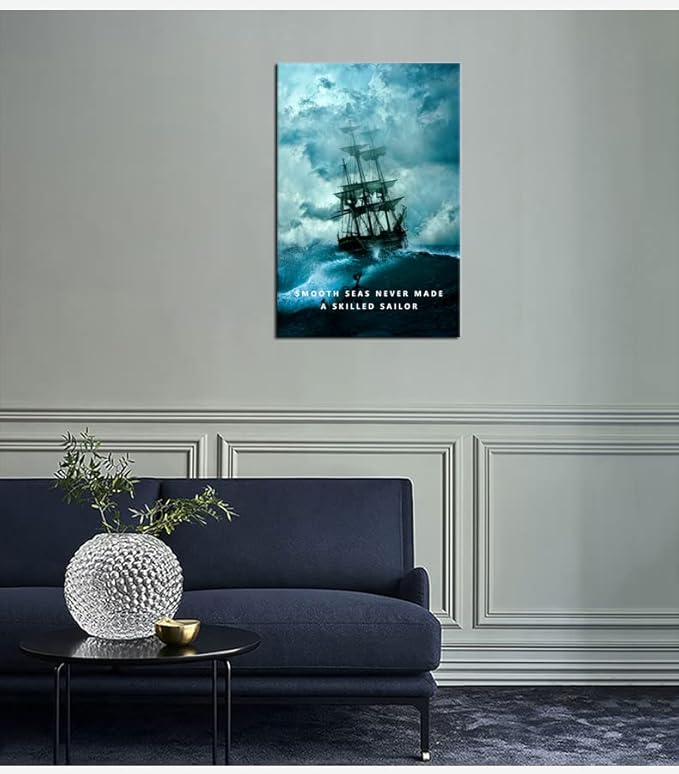 Smooth Seas Never Made A Skilled Sailor Motivational Wall Art Inspirational Canvas Poster Entrepreneur Quote Picture Home Office Decor Painting Framed and Stretched Ready to Hang [24''W x 36''H]