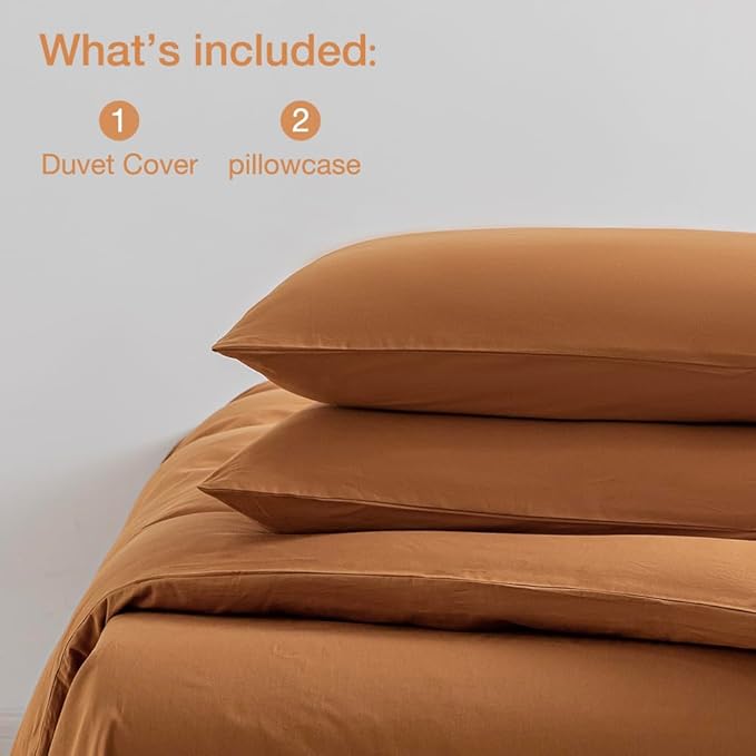 JELLYMONI Burnt Orange Duvet Cover Queen Size - 100% Washed Cotton Linen Like Textured Comforter Cover, 3 Pieces Breathable Soft Bedding Set with Zipper Closure (Burnt Orange, Queen 90"x90")