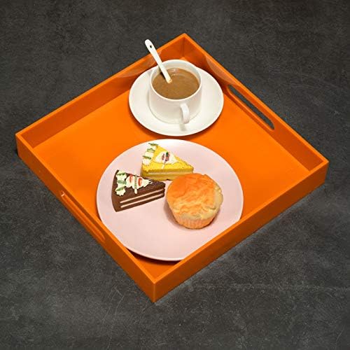 Orange Sturdy Acrylic Serving Tray with Handles-12x12Inch-Serving Coffee,Food,Breakfast,Butler-Kitchen Countertop Tray-Makeup Drawer Organizer-Vanity Table,Ottoman Tray-Decorative Tray