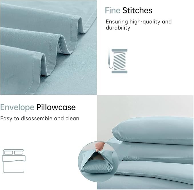 JELLYMONI Cotton Duvet Cover Twin Size - 100% Washed Cotton Comforter Cover, 2 Pieces Breathable Soft Bedding Set with Zipper Closure (Light Blue, 68"x 90")