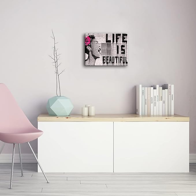 Wieco Art Banksy Life is Beautiful Modern Gallery Wrapped Giclee Canvas Prints Artwork Grey Love Abstract Pictures Paintings on Canvas Wall Art Ready to Hang for Bedroom Home Office Decorations