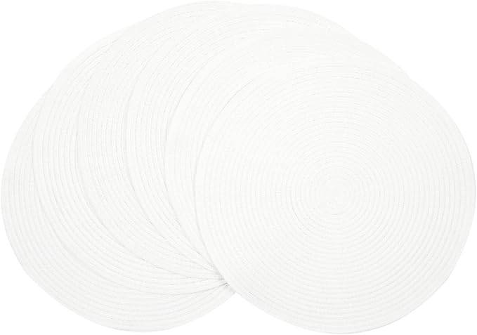 SHACOS Round Braided Placemats Set of 6 Round Table Mats for Dining Table 15 inch Washable Cotton Polyester Place Mat (White, 6)