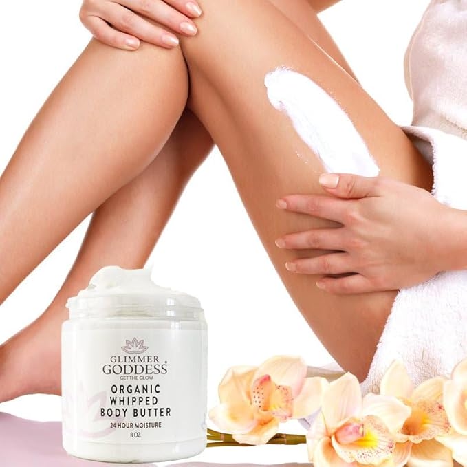 Glimmer Goddess Organic Whipped Body Butter for Women - Moisturizer Cream with Shea & Cocoa Butter, Almonds & Coconut Oil - Candy Cane, 8oz