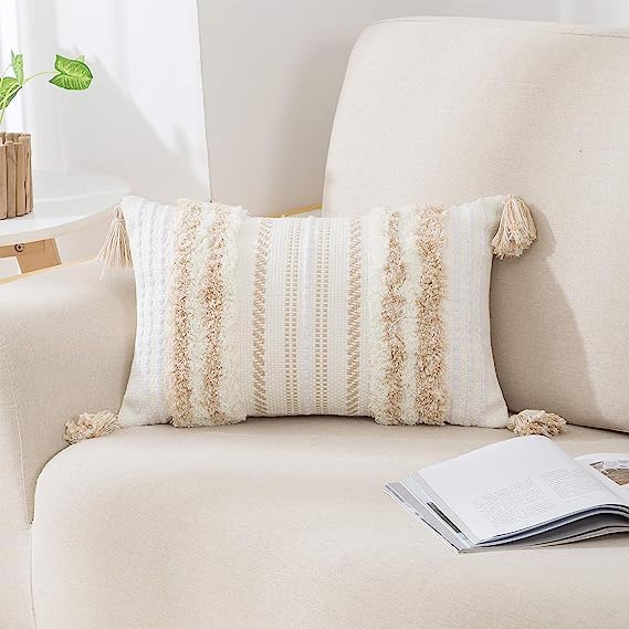 decorUhome Decorative Boho Throw Pillow Cover 12x20, Lumbar Accent Neutral Textured Tufted Pillow Cover Striped for Couch Bed Sofa, Khaki and Cream White, Pack of 1