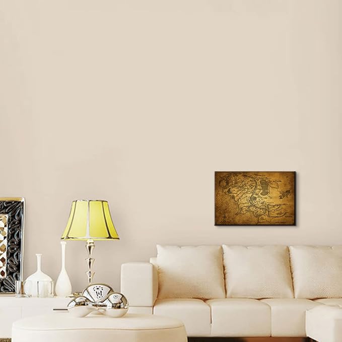 Middle Earth Map Wall Art Canvas Print - Fantasy Map of Middle Earth - 12''H x 18''W with Inner Wooden Frame - Lightweight & Easy to Hang - Perfect for Bedroom, Game Room Decor