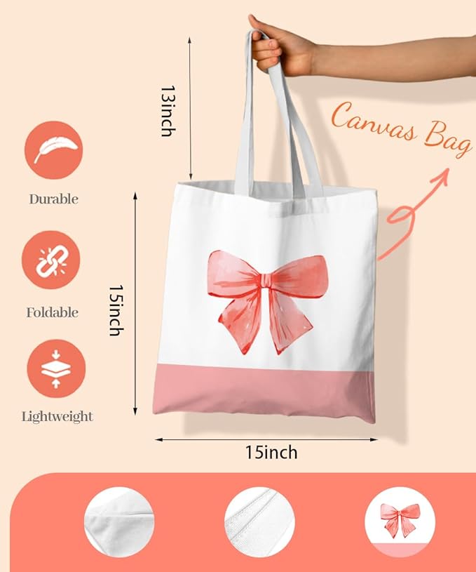 Coquette Pink Bow Preppy Canvas Tote Bag for Women Teens Teen Girls, Pink Bow Girls Tote Bag, Coquette Gifts