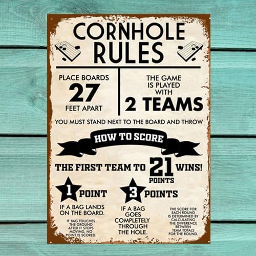 Cornhole Rules Sign Retro Vintage Metal Games Tin Signs Funny Classic Cornhole Board Decor Poster Man Cave Wall Art 8x12 Inch