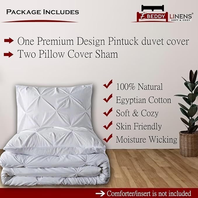 eBeddy Linens White Pinch Pleated Pintuck Duvet Cover Set Oversized King 120x98 Inch 100% Cotton Soft and Breathable 3 Pieces Premium Comforter Cover Zipper Closure & Corner Ties
