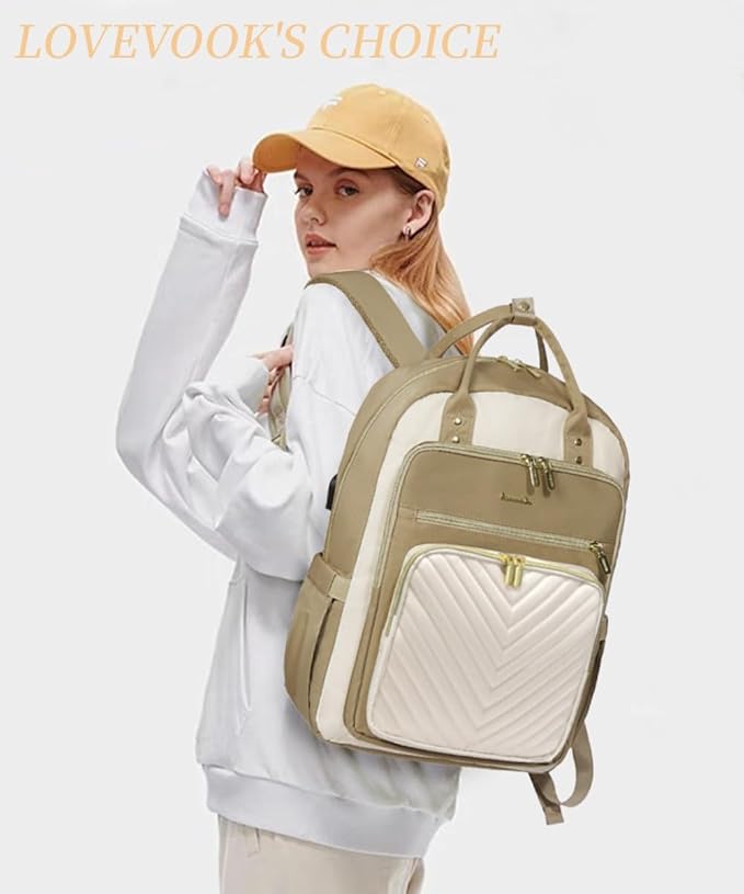LOVEVOOK 15.6 Inch Laptop Backpack for Women,Large Capacity Work Backpack Purse for Women,Waterproof Travel Day Pack for Teacher Nurse,Khaki-Beige