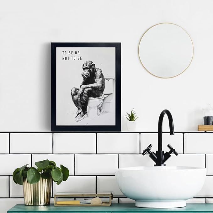 Minimalist Bathroom Wall Decor, Chimp Wall Art on Toilet, Chin Rests, Fun Bathroom Animal Art, Black and White Canvas Prints Can Be Hung Directly -Frame,11 "x 14"