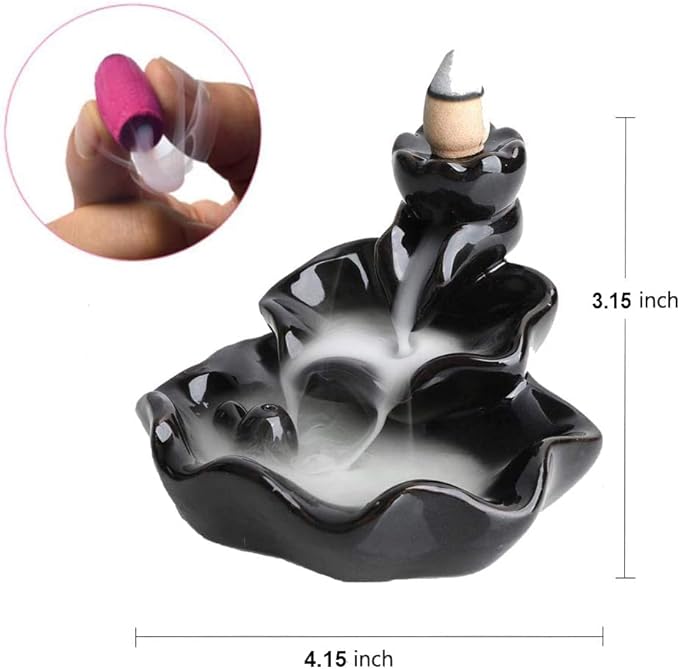 Waterfall Incense Burner, Lotus Backflow Incense Holder Ceramic Censer Cones Sticks Porcelain Holder with 10 Free Mixed Aromatherapy Cones