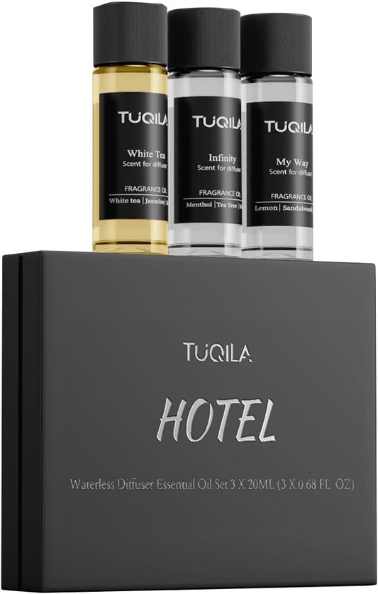 Hotel Luxury Waterless Diffuser Essential Oil Set(3X 20mL), Aroma Scent Oil My Way,Infinity, White Tea Usage Cold Air Diffuser Aromatherapy for Home, Car, Hotel, Office