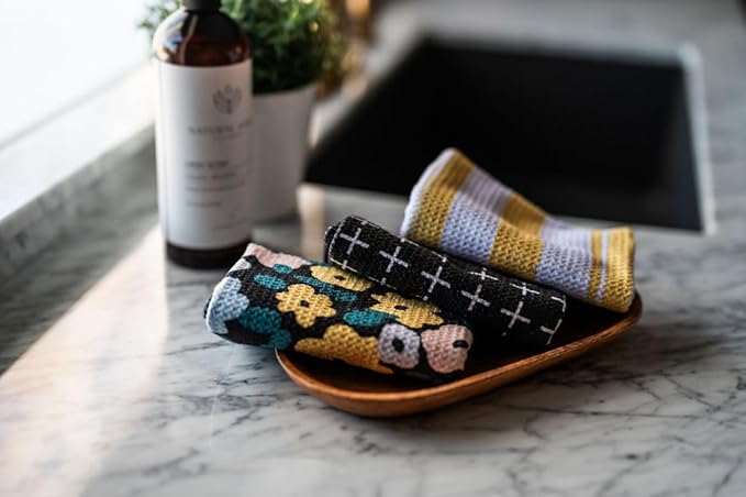 || 3 Pack|| Double Sided || Not Your Ordinary Dish Towels || Waffle Weave Microfiber || Highly Absorbent || Hanging Loop || Dish Cloths || Modern || Designer Prints|| Black and Yellow