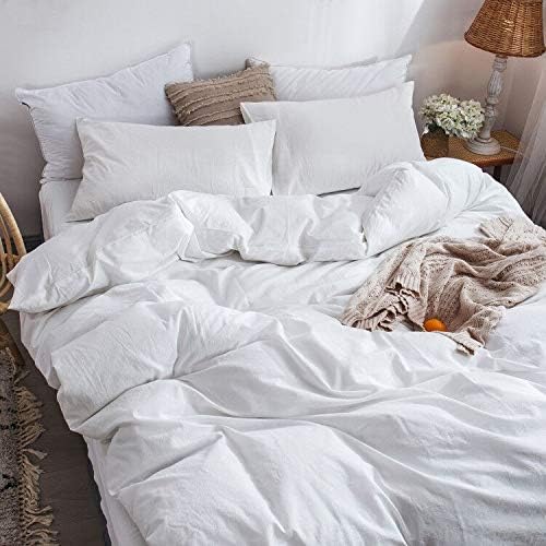 MooMee Bedding Duvet Cover Set 100% Washed Cotton Linen Like Textured Breathable Durable Soft Comfy (Solid Off White, Twin 68"x90")