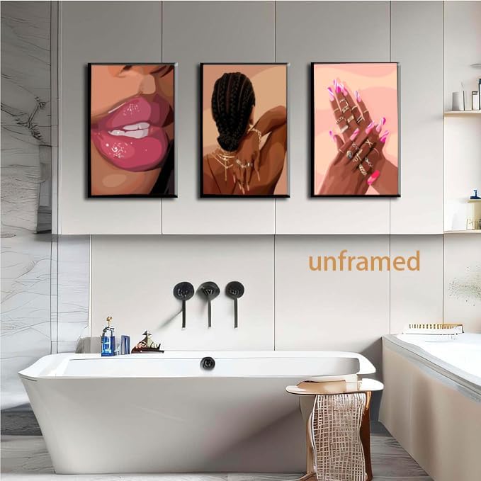 Black Girl Pink Wall Art Set of 3 African American Black Women Canvas Posters Fashion Black Girl Wall Decor Pictures Prints for Home Living Room Bedroom Bathroom Decoration 16x24 Inch Unframed