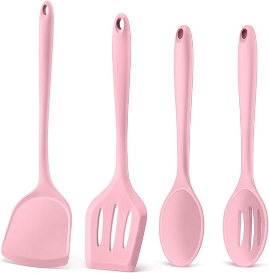P&P CHEF Kitchen Utensil Set, 4 Pieces Non-stick Silicone Cooking Utensils, Heat-resistant Slotted Solid Spoon Turner for Frying, Mixing, Serving, Non-toxic & Easy to Clean, Pink