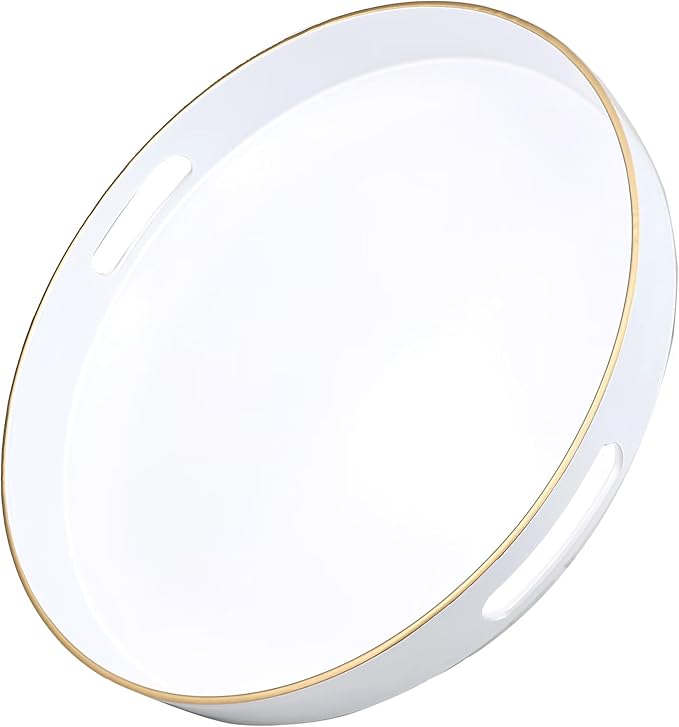 White Round Decorative Tray with Handles, 13" Versatile Serving Tray for Coffee Table, Ottoman, Ideal for Serving, Displaying, Organizing