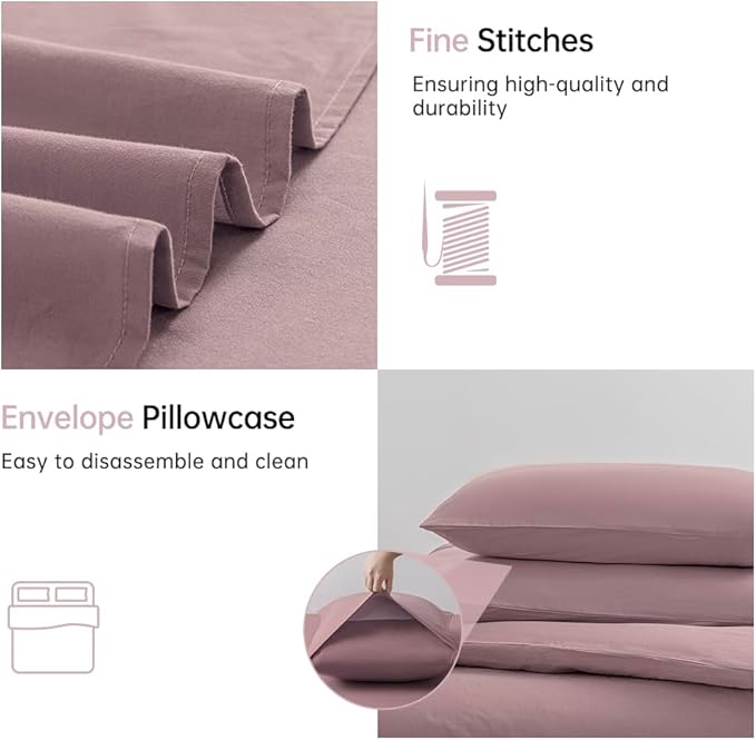 JELLYMONI Cotton Duvet Cover Twin Size - 100% Washed Cotton Linen Feel Textured Comforter Cover, 2 Pieces Breathable Soft Bedding Set with Zipper Closure (Dusty Pink, Twin 68"x90")