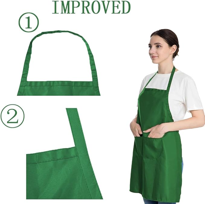 Total 6PCS Green Plain Color Bib Apron for Adult Women Unisex Durable Comfortable with 2 Front Pockets Washable Aprons for Chef Cooking Baking Kitchen Restaurant Crafting