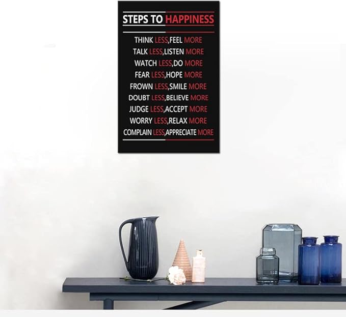 Motivational Steps For Happiness Wall Art for Office Inspiring Positive Poster Inspirational Affirmative Canvas Painting Prints Wall Pictures for Living Room Home Decor Framed Artwork [12''W x 18''H]