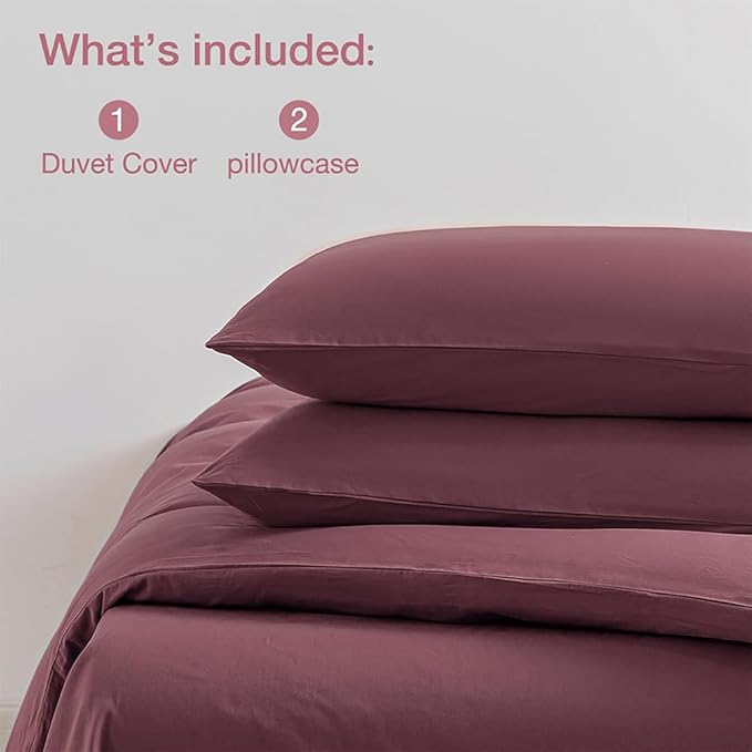 JELLYMONI Plum Duvet Cover King Size - 100% Washed Cotton Linen Like Textured Comforter Cover, 3 Pieces Lightweight Soft Bedding Set with Zipper Closure (Plum, 104"x90")
