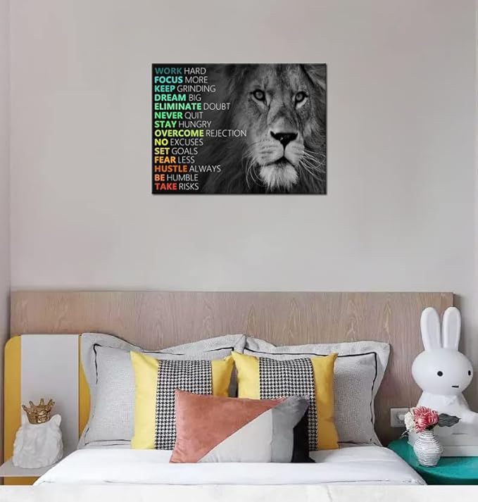 Motivational Canvas Wall Art Lion Inspirational Poster Animal Inspiring Canvas Prints Artwork for Office Living Room Modern Home Decor Painting Stretched and Framed Ready to Hang [24''Wx 18''H]