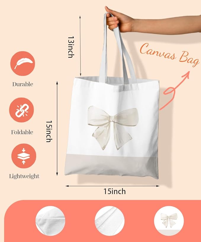 Coquette Pink Bow Preppy Canvas Tote Bag for Women Teens Teen Girls, Pink Bow Girls Tote Bag, Coquette Gifts