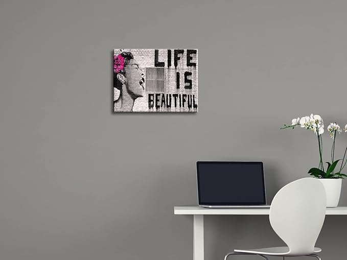 Wieco Art Banksy Life is Beautiful Modern Gallery Wrapped Giclee Canvas Prints Artwork Grey Love Abstract Pictures Paintings on Canvas Wall Art Ready to Hang for Bedroom Home Office Decorations
