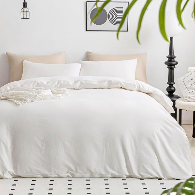 JELLYMONI White Duvet Cover Full Size - 100% Washed Cotton Linen Feel Textured Comforter Cover, 3 Pieces Breathable Soft Bedding Set with Zipper Closure (Cream White, 80"x90")