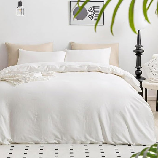 JELLYMONI White Duvet Cover Full Size - 100% Washed Cotton Linen Feel Textured Comforter Cover, 3 Pieces Breathable Soft Bedding Set with Zipper Closure (Cream White, 80"x90")