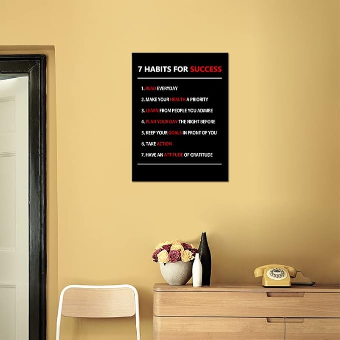 WYJZDZQ8 Motivational Poster 7 Habits For Success Inspirational Canvas Wall Art Painting Prints Artwork Pictures Inspiring Office Decor Living Room Gym Decoration Framed Ready to Hang [18''W X 24''H]